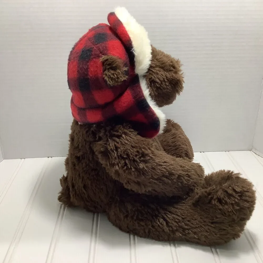 J Bear Jo-Ann Fabric 12” Plush Stuffed Brown bear red Plaid Hat sitting 2017